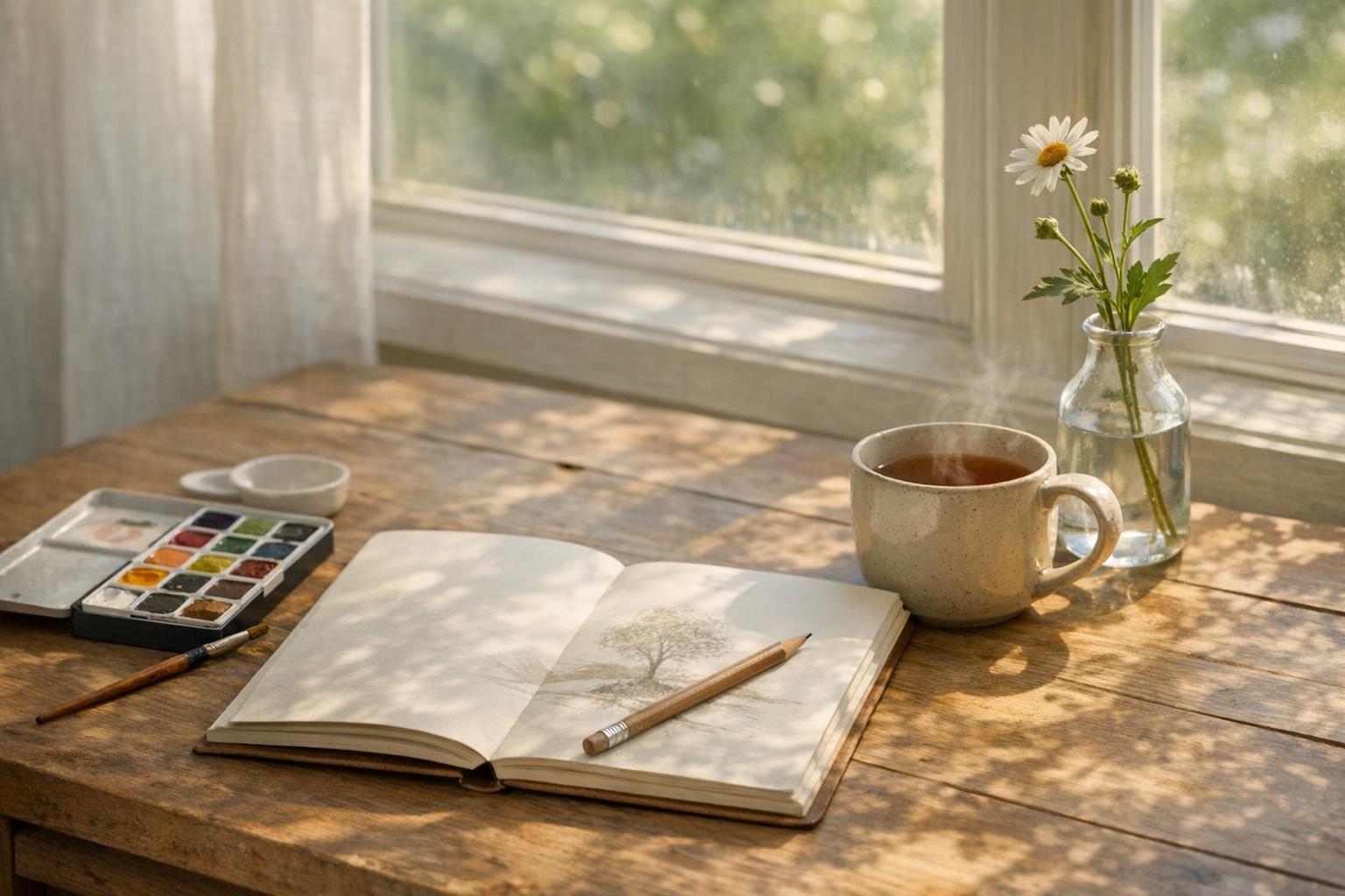 Creative materials arranged for a daily art practice — healing from loss through creativity